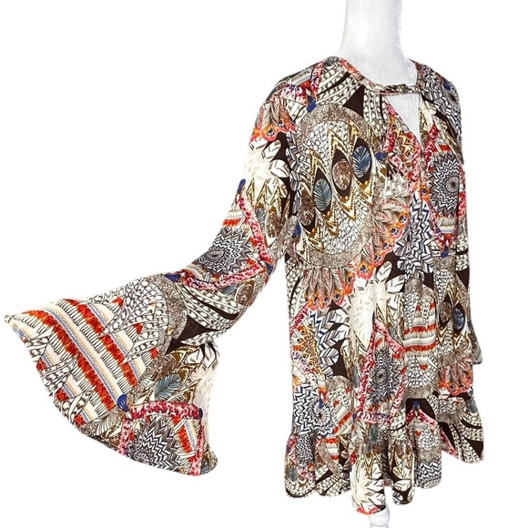 Umgee Boho Dress SM Tiered Tunic Flowy Bohemian Bell Sleeves Babydoll Oversized - Picture 8 of 11